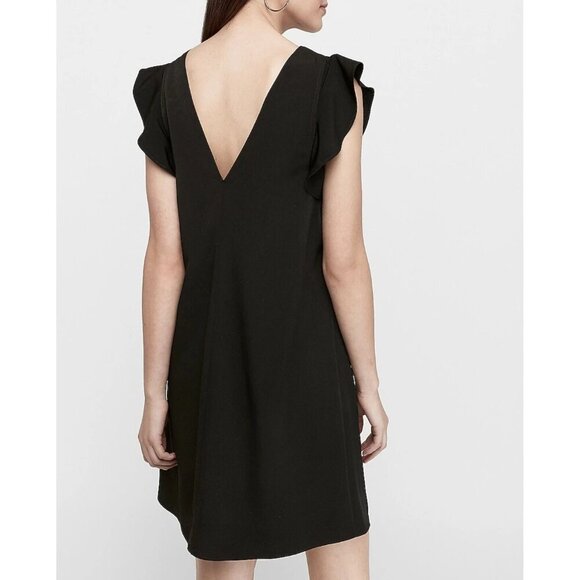 Express V Neck Ruffle Short Sleeve Shift Dress Black Lined - Size XS, NWT - Picture 2 of 10